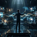 Un hombre con traje de espaldas actúa como director de orquesta frente a pantallas holográficas flotantes con datos, flujos de código y redes neuronales en un centro de datos futurista.