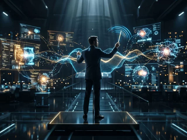 Un hombre con traje de espaldas actúa como director de orquesta frente a pantallas holográficas flotantes con datos, flujos de código y redes neuronales en un centro de datos futurista.