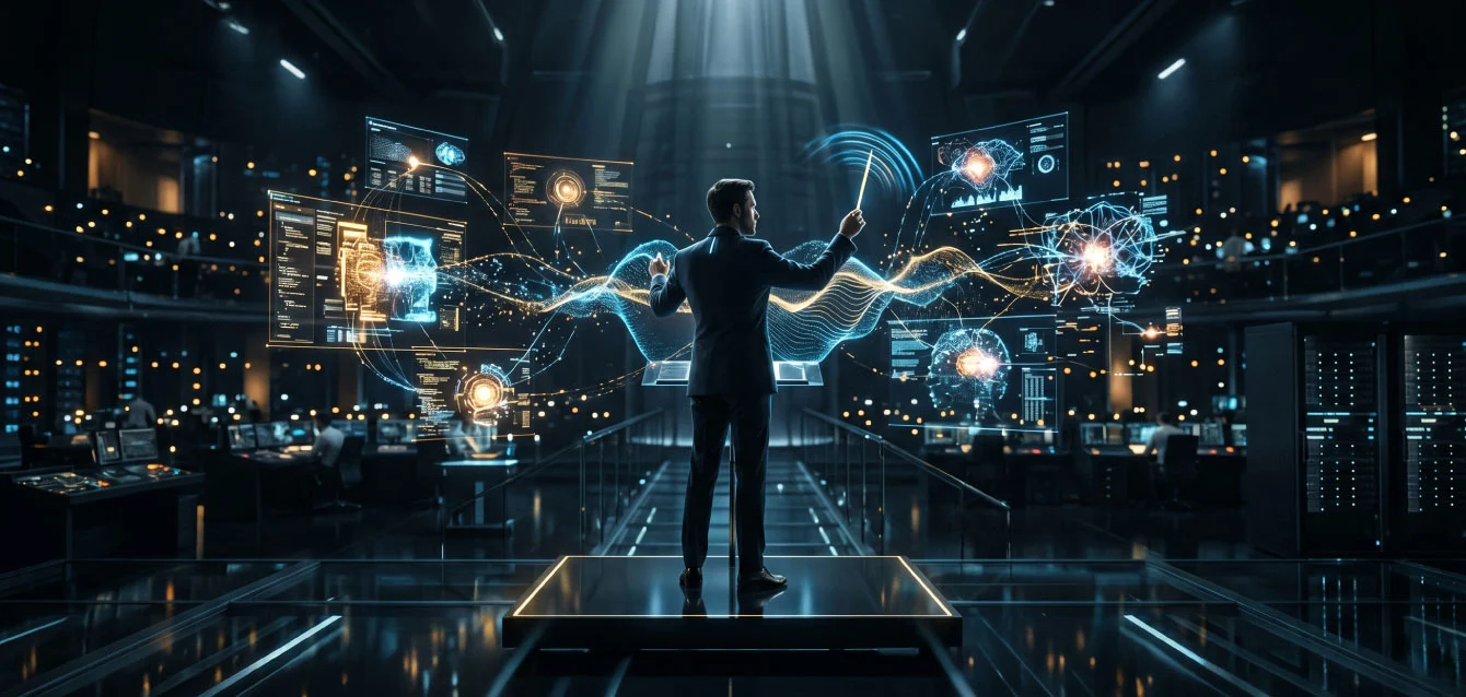 Orquestación y gestión de sistemas multi-agente de IA. Un hombre con traje de espaldas actúa como director de orquesta frente a pantallas holográficas flotantes con datos, flujos de código y redes neuronales en un centro de datos futurista.