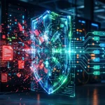 Un escudo holográfico brillante de color verde y azul filtra datos caóticos y fragmentos rojos flotantes en un centro de datos, transformándolos a la derecha en una estructura limpia de nodos lógicos y grafos de conocimiento. Leyenda (Caption): El RAG Híbrido actúa como un filtro de precisión, combinando vectores y grafos para eliminar las alucinaciones en datos corporativos.