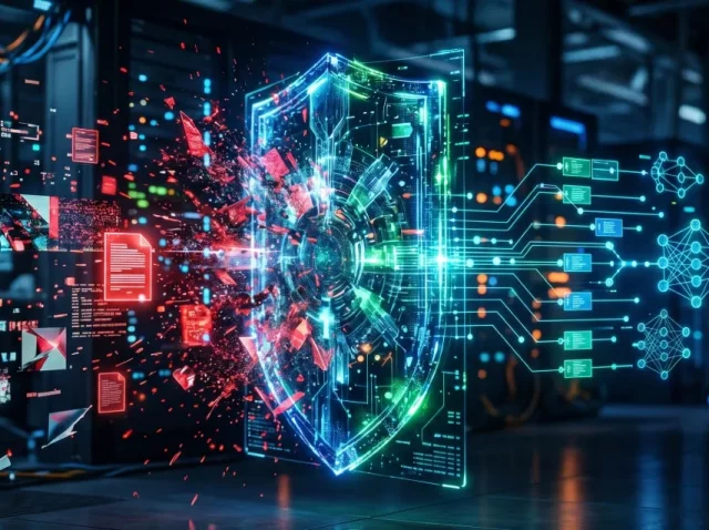 Un escudo holográfico brillante de color verde y azul filtra datos caóticos y fragmentos rojos flotantes en un centro de datos, transformándolos a la derecha en una estructura limpia de nodos lógicos y grafos de conocimiento. Leyenda (Caption): El RAG Híbrido actúa como un filtro de precisión, combinando vectores y grafos para eliminar las alucinaciones en datos corporativos.