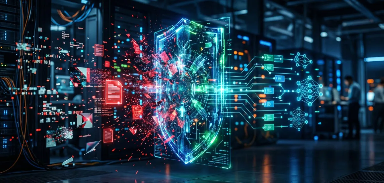 Arquitectura de RAG Híbrido para evitar alucinaciones en la IA. Un escudo holográfico brillante de color verde y azul filtra datos caóticos y fragmentos rojos flotantes en un centro de datos, transformándolos a la derecha en una estructura limpia de nodos lógicos y grafos de conocimiento. Leyenda (Caption): El RAG Híbrido actúa como un filtro de precisión, combinando vectores y grafos para eliminar las alucinaciones en datos corporativos.